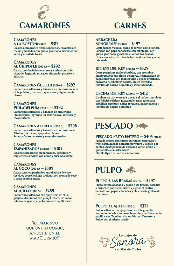 Menú Mariscos El Rey